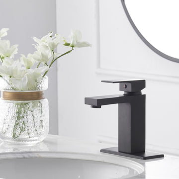 Single Handle Single Hole Bathroom Faucet with Deck Plate, Pop Up Drain and Water Supply Hoses in Matte Black