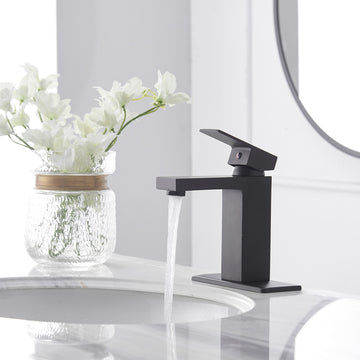 Single Handle Single Hole Bathroom Faucet with Deck Plate, Pop Up Drain and Water Supply Hoses in Matte Black