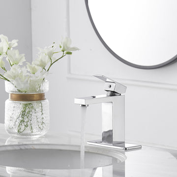 Single Handle Single Hole Bathroom Faucet with Deckplate Included, Pop Up Drain and Water Supply Hoses in Chrome