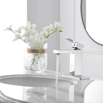 Single Handle Single Hole Bathroom Faucet with Deckplate Included, Pop Up Drain and Water Supply Hoses in Chrome