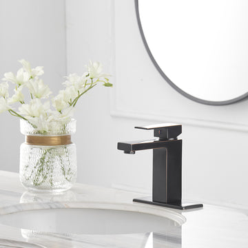 Single Handle Single Hole Bathroom Faucet with Deckplate Included, Pop Up Drain, Water Supply Hoses in Oil Rubbed Bronze