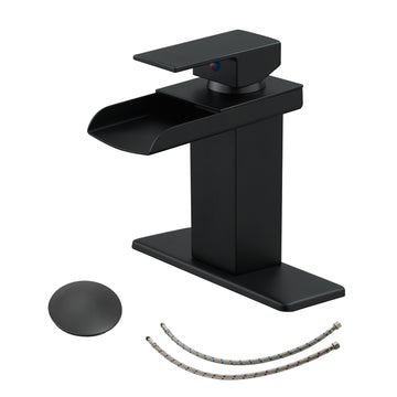 Waterfall Single Hole Single-Handle Low-Arc Bathroom Faucet With Pop-up Drain Assembly in Matte Black