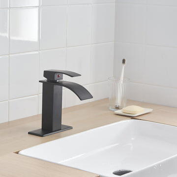 Single Handle Single Hole Bathroom Faucet with Deckplate Included, Pop Up Drain and Water Supply Hoses in Matte Black