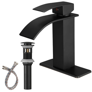 Single Handle Single Hole Bathroom Faucet with Deckplate Included, Pop Up Drain and Water Supply Hoses in Matte Black