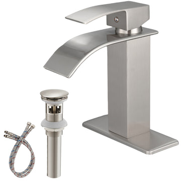 Single Handle Single Hole Bathroom Faucet with Deckplate Included, Pop Up Drain and Water Supply Hoses in Brushed Nickel
