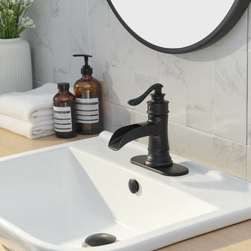 Waterfall Single Hole Single-Handle Low-Arc Bathroom Faucet With Pop-up Drain Assembly in Matte Black