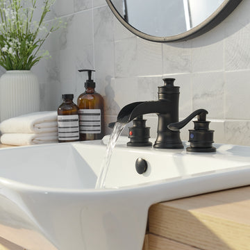 Waterfall 8 in. Widespread 2-Handle Bathroom Faucet with Pop-up Drain Assembly in Matte Black