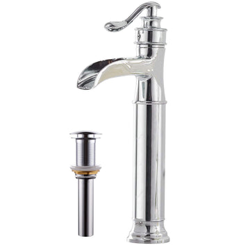 Waterfall Single Hole Single Handle Bathroom Vessel Sink Faucet With Pop-up Drain Assembly in Polished Chrome