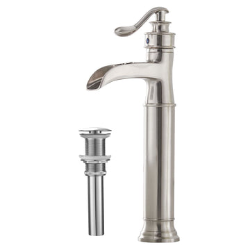 Waterfall Single Hole Single-Handle Vessel Bathroom Faucet With Pop-up Drain Assembly in Brushed Nickel