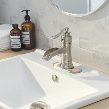 Waterfall Single Hole Single-Handle Low-Arc Bathroom Faucet with Pop-up Drain Assembly in Brushed Nickel