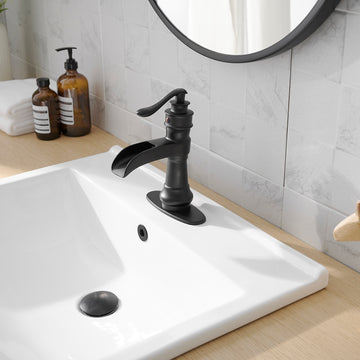 Waterfall Single Hole Single-Handle Low-Arc Bathroom Faucet with Pop-up Drain in Matte Black