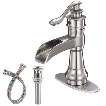 Single Handle Single Hole Bathroom Faucet with Deckplate Included, Pop Up Drain and Water Supply Hoses in Brushed Nickel