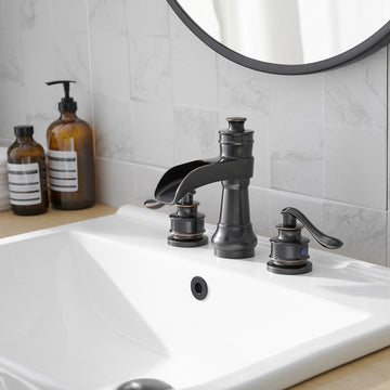 Waterfall 8-Inch Widespread 2-Handle Bathroom Faucet with Drain Kit in Oil Rubbed Bronze