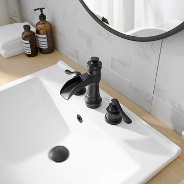Waterfall 8 Inch Widespread 2 Handle Bathroom Faucet with Drain Assembly in Matte Black