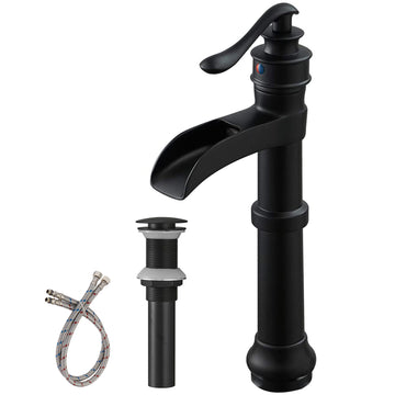Waterfall Single Hole Single-Handle Vessel Bathroom Faucet with Pop-up Drain in Matte Black