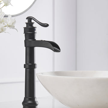 Waterfall Single Hole Single-Handle Vessel Bathroom Faucet with Pop-up Drain in Matte Black