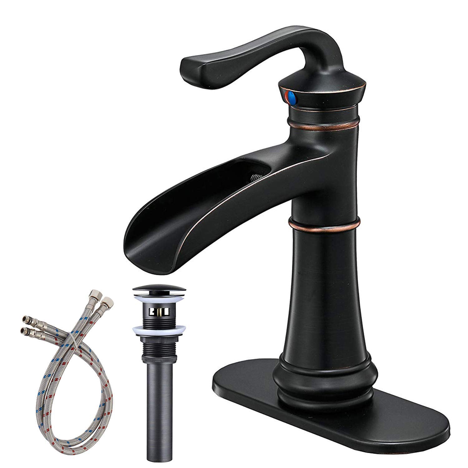 Single Handle Waterfall Bathroom Faucet 1-Hole with Deckplate and Pop-up Drain in Oil Rubbed Bronze
