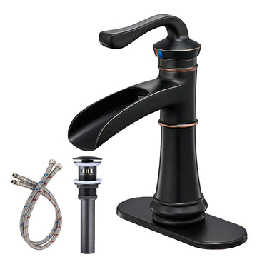 Single Handle Waterfall Bathroom Faucet 1-Hole with Deckplate and Pop-up Drain in Oil Rubbed Bronze