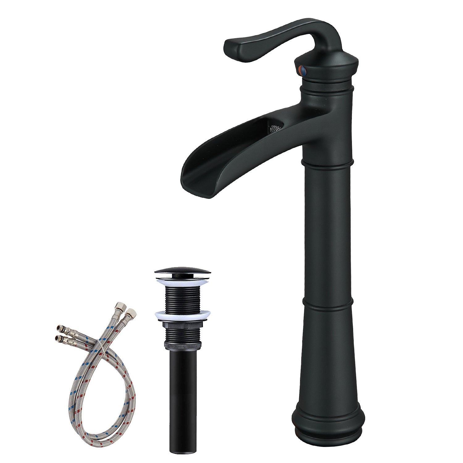 Waterfall Single Handle Single Hole Vessel Bathroom Faucet with Pop-up Drain in Matte Black