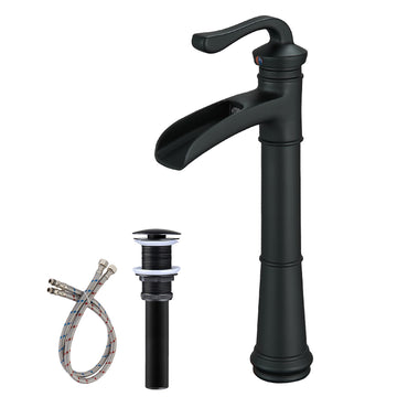 Waterfall Single Handle Single Hole Vessel Bathroom Faucet with Pop-up Drain in Matte Black