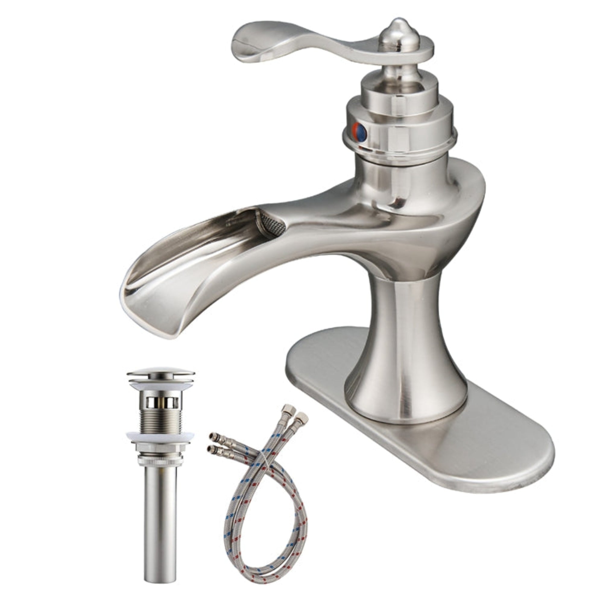 Single Handle Waterfall Bathroom Faucet 1-Hole with Deckplate and Pop-up Drain in Brushed Nickel