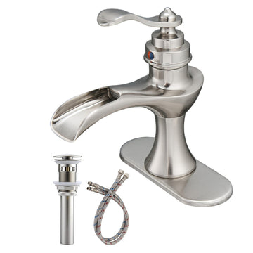 Single Handle Waterfall Bathroom Faucet 1-Hole with Deckplate and Pop-up Drain in Brushed Nickel