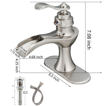 Single Handle Waterfall Bathroom Faucet 1-Hole with Deckplate and Pop-up Drain in Brushed Nickel