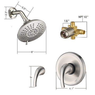 5 Spray Patterns 2.2 GPM 6 Inch Wall Mount Fixed Shower Head with Handle Trim and Valve in Brushed Nickel