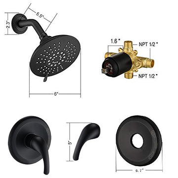 5 Spray Patterns 2.2 GPM 6 Inch Wall Mount Fixed Shower Head with Handle Trim and Valve in Matte Black