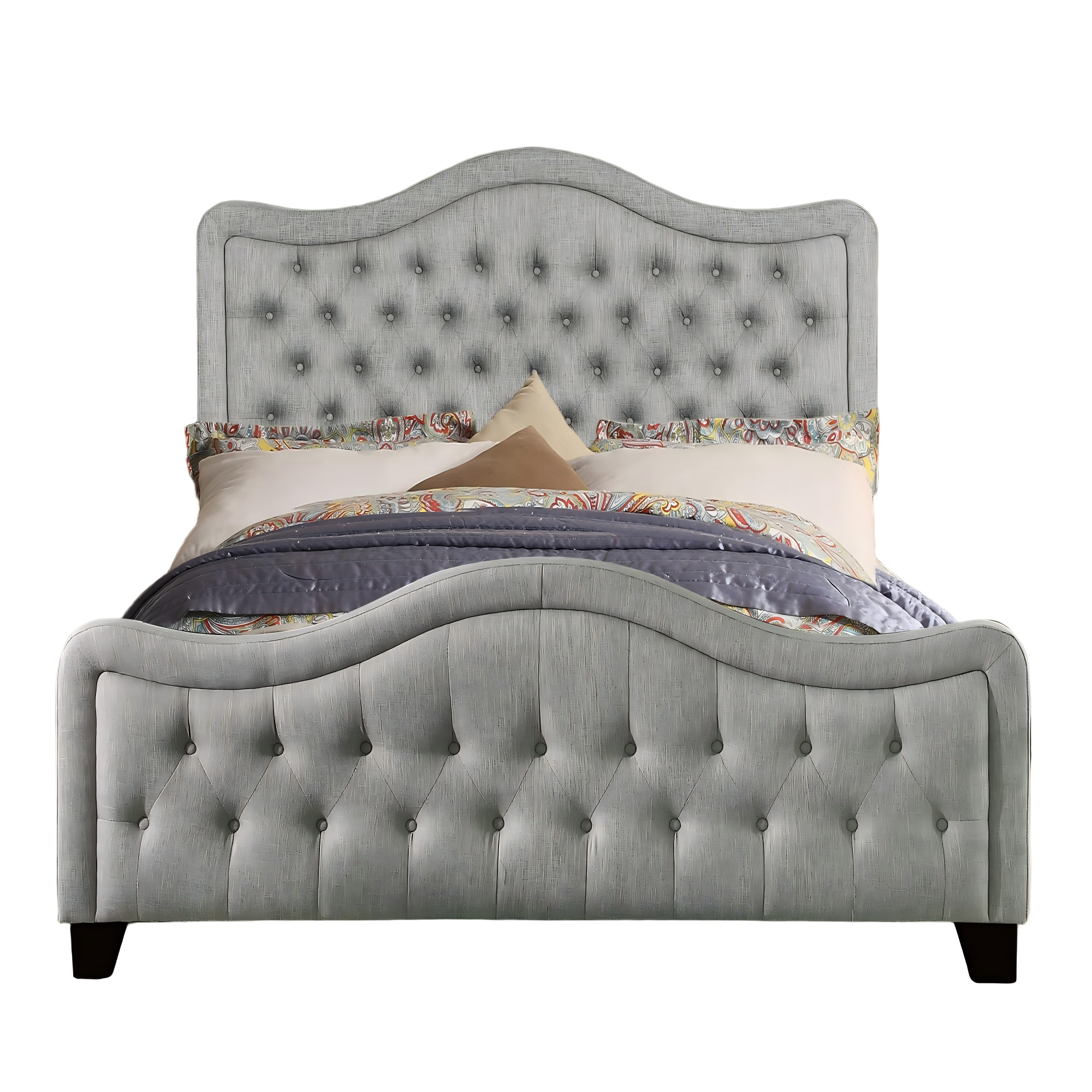 Upholstered Bed with Curved Headboard and Footboard Button Tufted Platform Bed Sturdy Solid Wood Frame