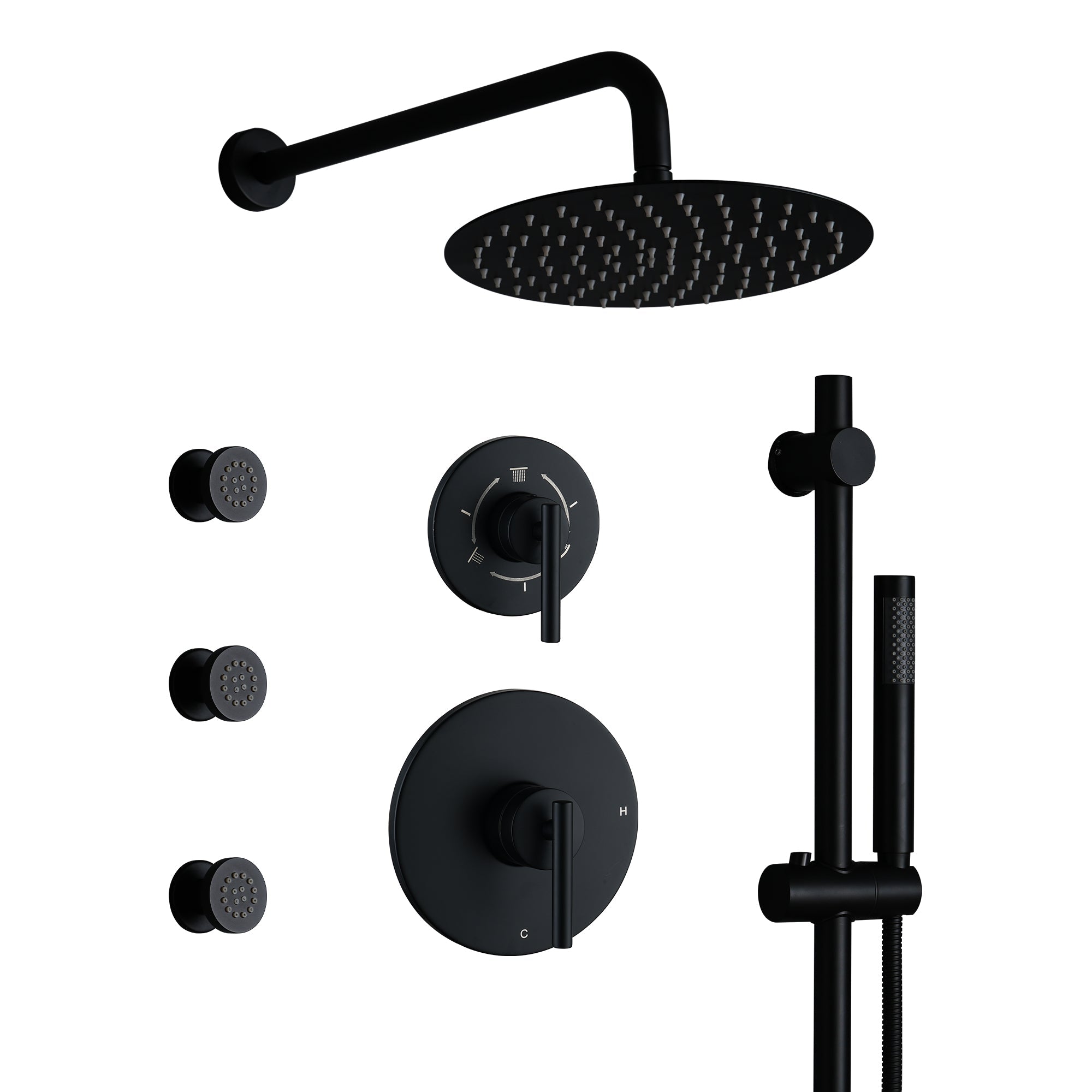 10-Inch Rainfall Shower System with Body Jets, Handheld Shower & Side Spray, Adjustable Lift Rod with All-Brass High-Pressure Shower Faucet Set, Matte Black