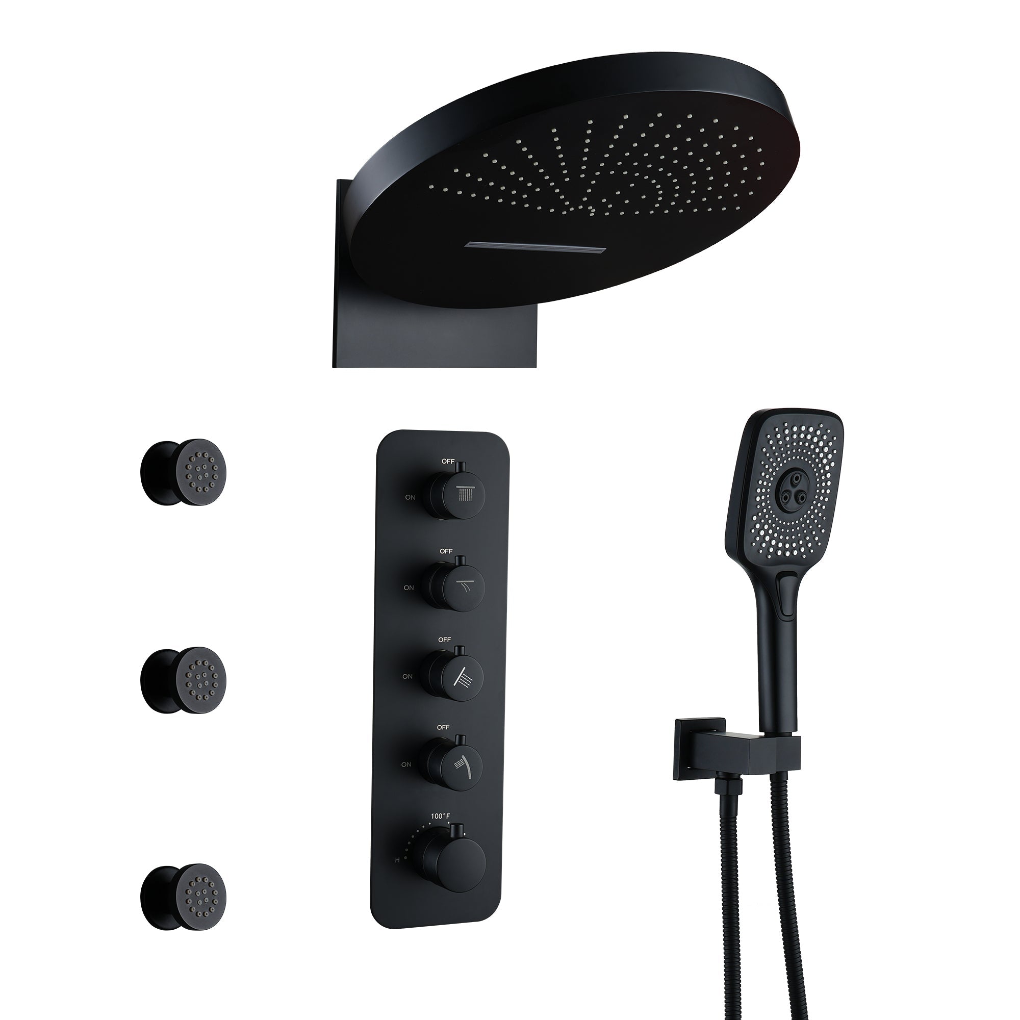 3-Function Wall Mounted 16" Thermostatic Shower System with Body Jets, 2-Mode Rainfall Showerhead, 3-Spray Handheld for Bathroom, Matte Black