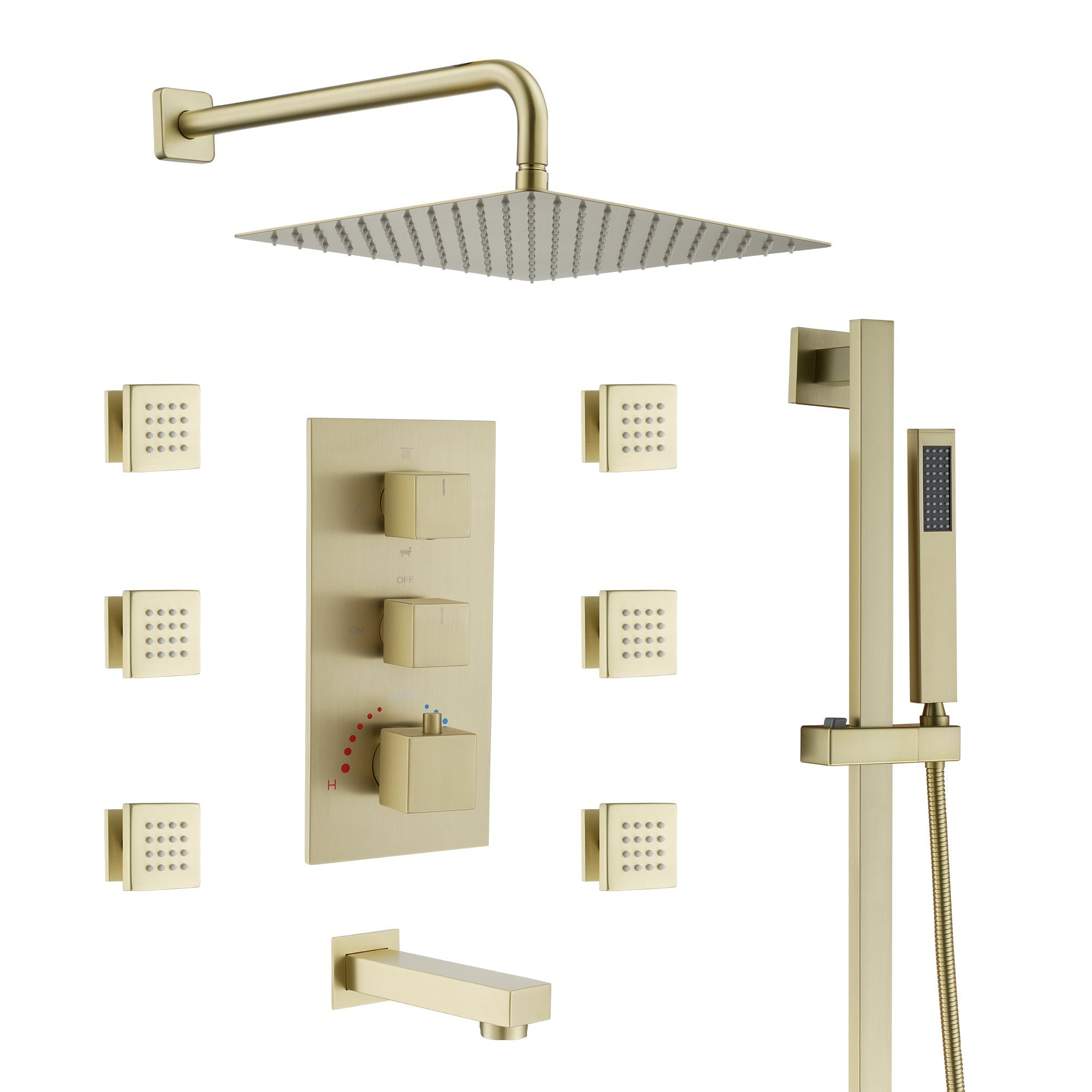 12-Inch Luxury Thermostatic Shower System with Body Jets, Stainless Steel Square Rainfall Shower Head, and Handheld Spray, 6 Side Body Jets, Brushed Gold