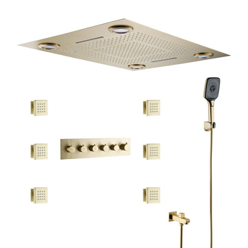 5-Function Luxury Thermostatic Shower System with Body Jets, LED Lights, Rainfall Shower Head, and Handheld Spray, Brushed Gold
