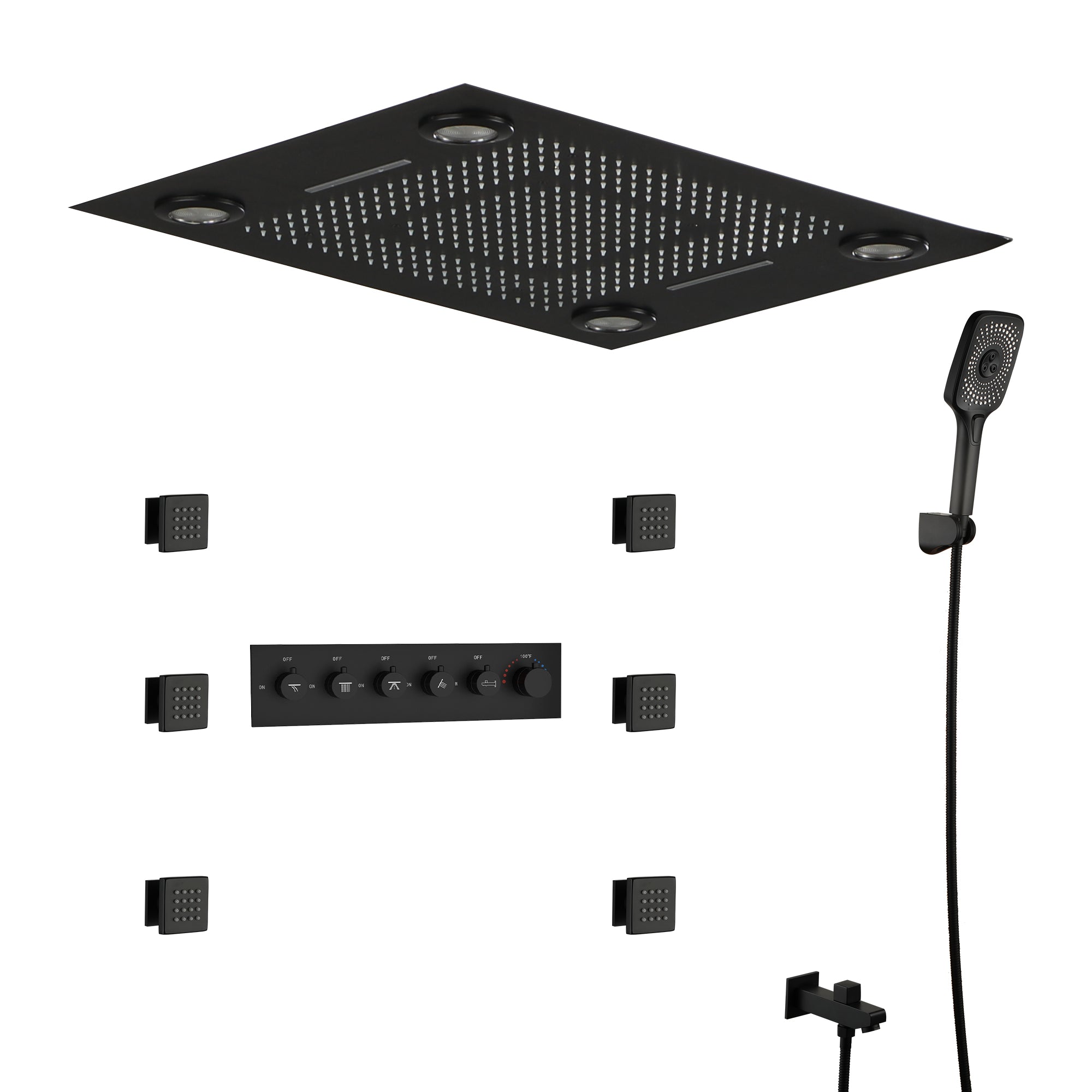 5-Function Luxury Thermostatic Shower System with Body Jets, LED Lights, Rainfall Shower Head, and Handheld Spray, Matte Black