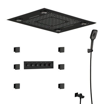 5-Function Luxury Thermostatic Shower System with Body Jets, LED Lights, Rainfall Shower Head, and Handheld Spray, Matte Black