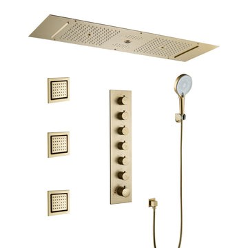 Ceiling Mounted Thermostatic Shower System with Body Jets, LED Rainfall Shower, Bluetooth Speakers and Touch Control, Brushed Gold