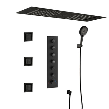 Ceiling Mounted Thermostatic Shower System with Body Jets, LED Rainfall Shower, Bluetooth Speakers and Touch Control, Matte Black