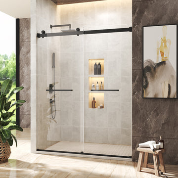 Adjustable Frameless Sliding Shower Door 44 To 48 Inch Width 76 Inch Height With Towel Bars Tempered Glass Waterproof