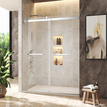 Adjustable Frameless Sliding Shower Door 44 To 48 Inch Width 76 Inch Height With Towel Bars Tempered Glass Waterproof