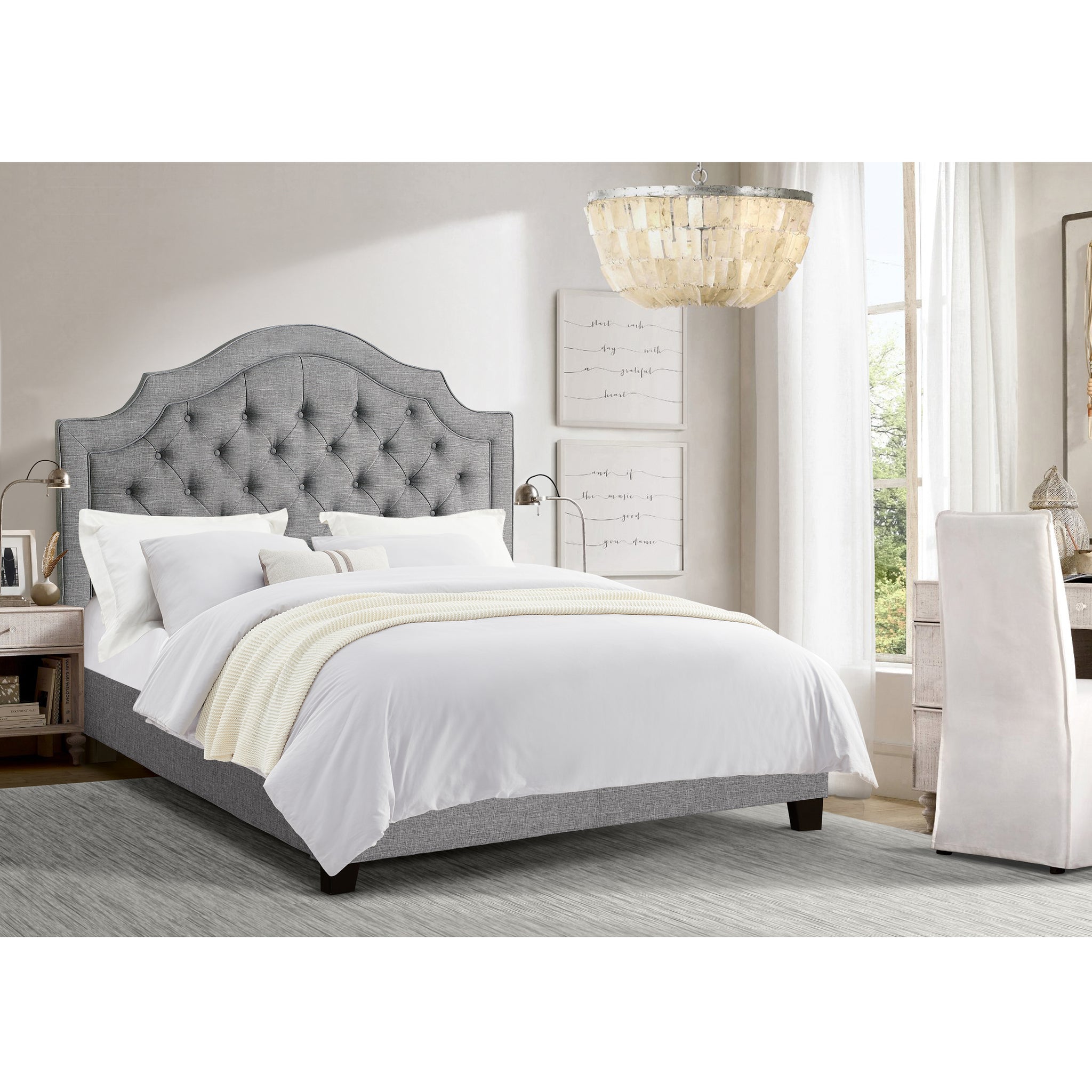 Upholstered Bed with Curved Headboard Button Tufted Bed Frame with Reinforced Structure and High-Density Padding