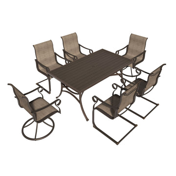 7-Piece Metal Outdoor Patio Dining Set with Rectangle Table with 1.9 Inch Umbrella Hole and Textilene Swivel Chairs C-Spring Chairs