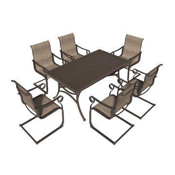 7-Piece Metal Outdoor Patio Dining Set with Rectangle Table with 1.9 Inch Umbrella Hole and C-Spring Chairs