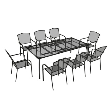 Black 9-Piece Metal Outdoor Patio Dining Set with Rectangle Table and Dining Chair