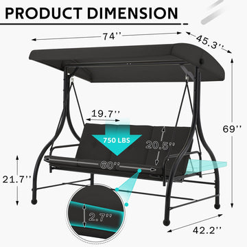 3-Person Metal Patio Swing Outdoor Porch Swing Chair for Adults for Garden Backyard Deck