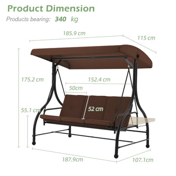 3-Person Metal Patio Swing Outdoor Porch Swing Chair for Adults for Garden Backyard Deck