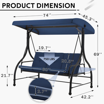 3-Person Metal Patio Swing Outdoor Porch Swing Chair for Adults for Garden Backyard Deck