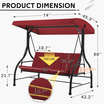 3-Person Metal Patio Swing Outdoor Porch Swing Chair for Adults for Garden Backyard Deck