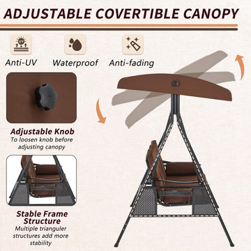 3-Person Metal Patio Swing with Removable Cushion & Cup Holder Patio Swing Outdoor Porch Swing Chair for Adults for Garden Backyard Deck