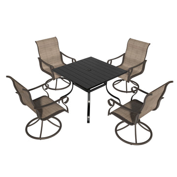 5-Piece Metal Outdoor Patio Dining Set with Square Table with 1.65 in. Umbrella Hole and Swivel Chairs